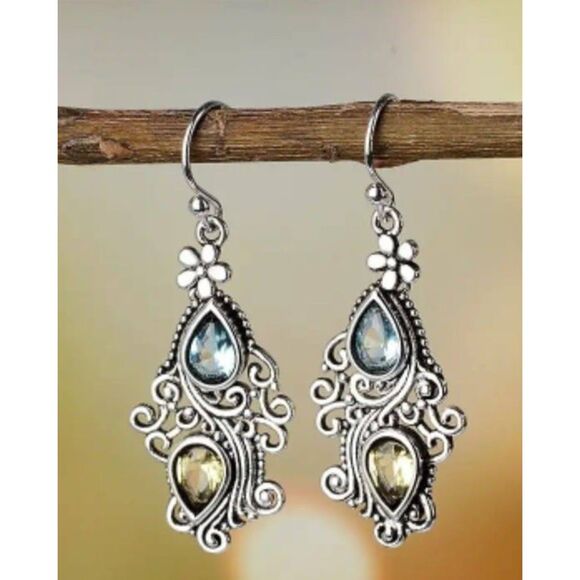 Blue  Yellow Pear Shaped Topaz Filigree Silver Alloy Earrings French Wire Dangle - Picture 1 of 4